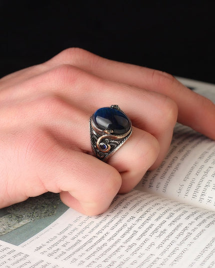Herrenring aus 925er Sterlingsilber mit Schlangenmuster und blauem Tigeraugen-Stein