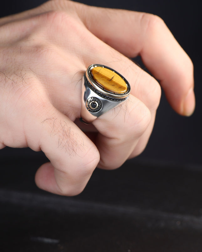 Herrenring aus 925er Sterlingsilber mit Tigeraugen-Stein