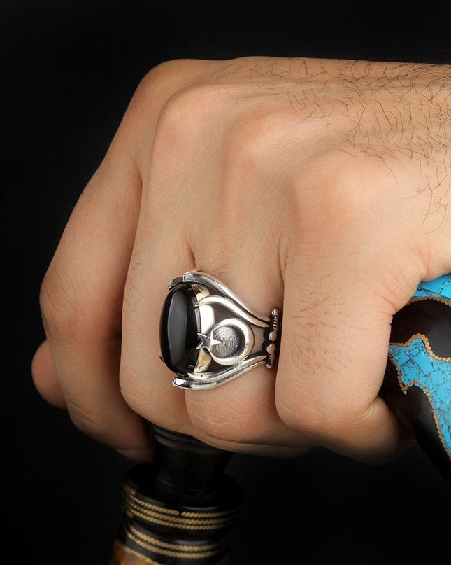 925 Silber Herrenring ayyildiz Onyx Türkische Flagge