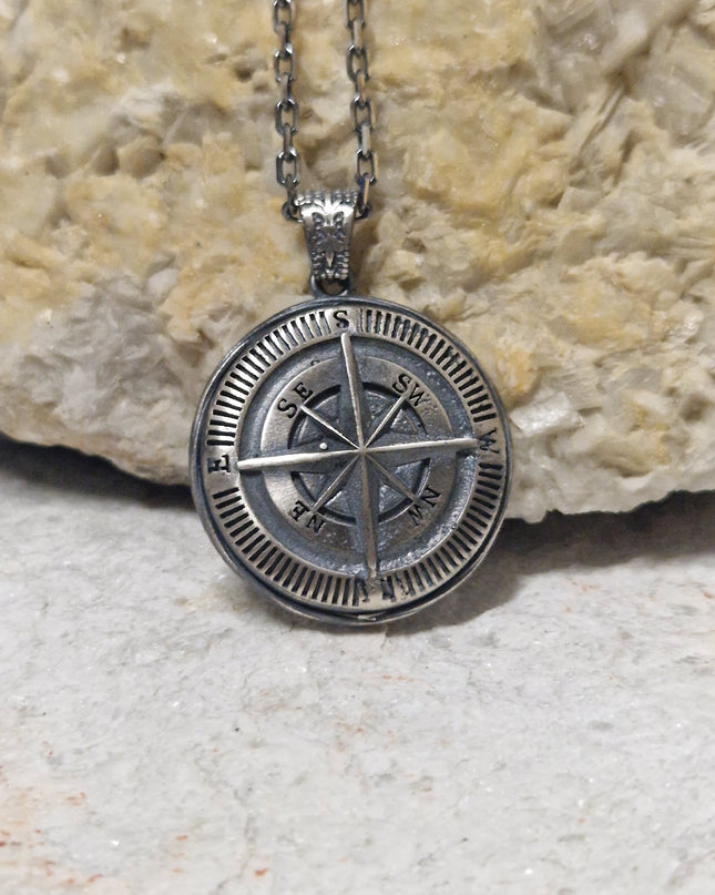 Kompass Halskette 925 Sterling Silber