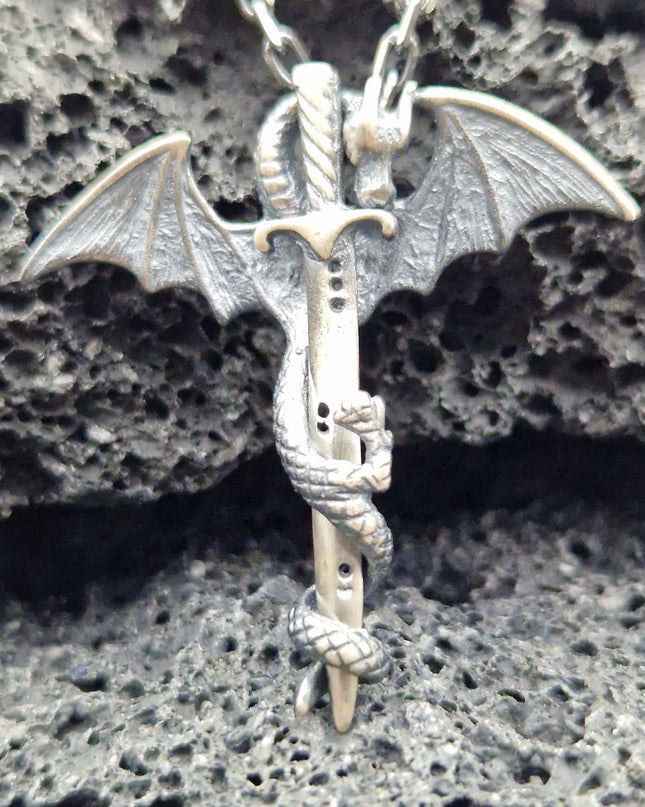 925er Silber Drachen Halskette mit Schwert
