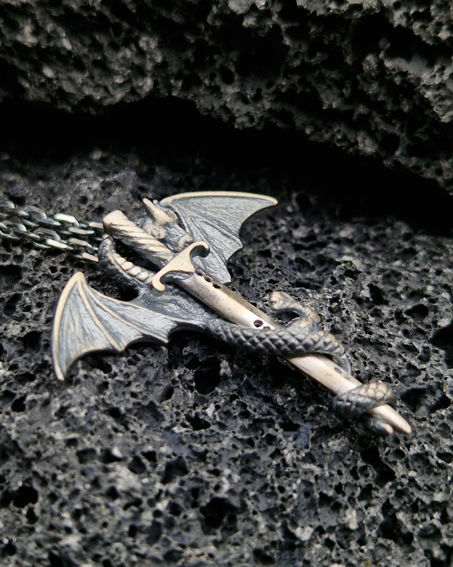 925er Silber Drachen Halskette mit Schwert