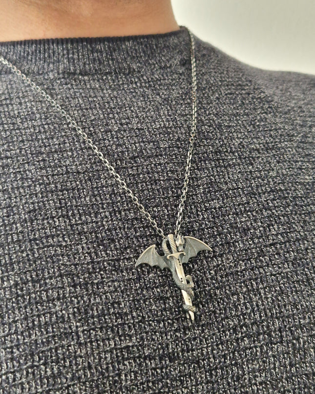 925er Silber Drachen Halskette mit Schwert