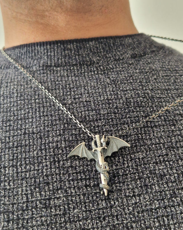 925er Silber Drachen Halskette mit Schwert