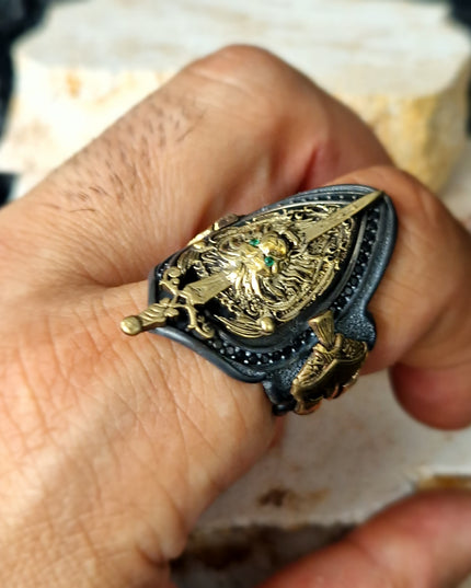 Schwert Löwen Kopf Siegelring Free Size 925 Silber