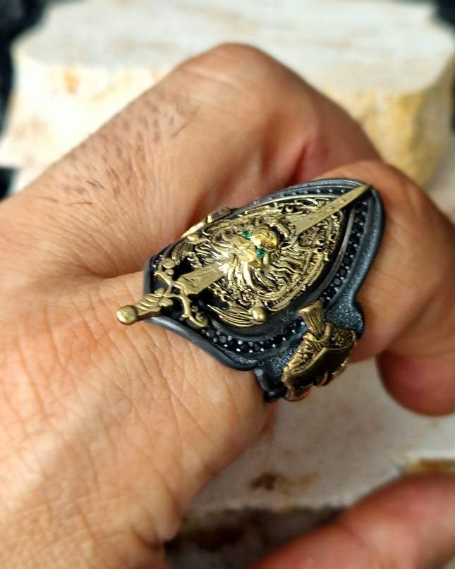 Schwert Löwen Kopf Siegelring Free Size 925 Silber
