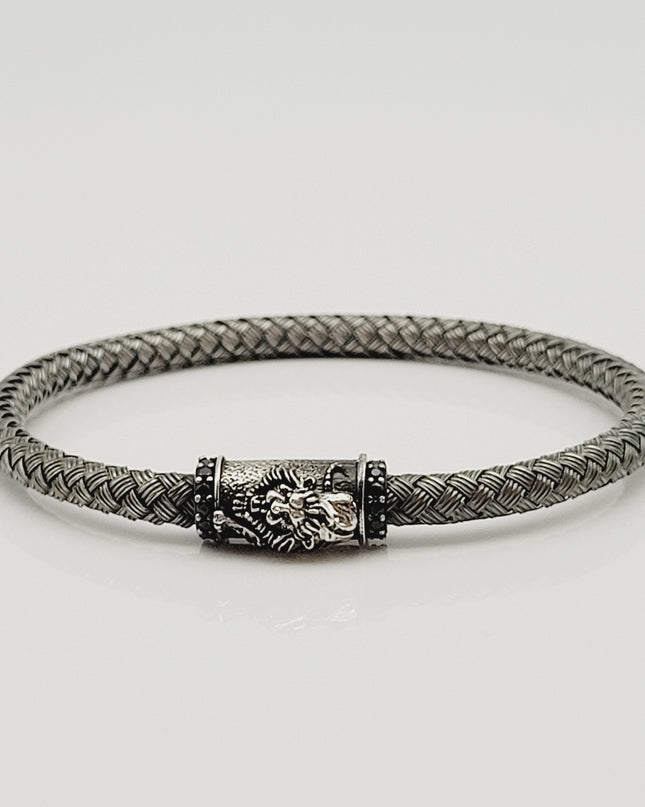 Löwe Geflochtenes Armband 925 Silber Schwarz