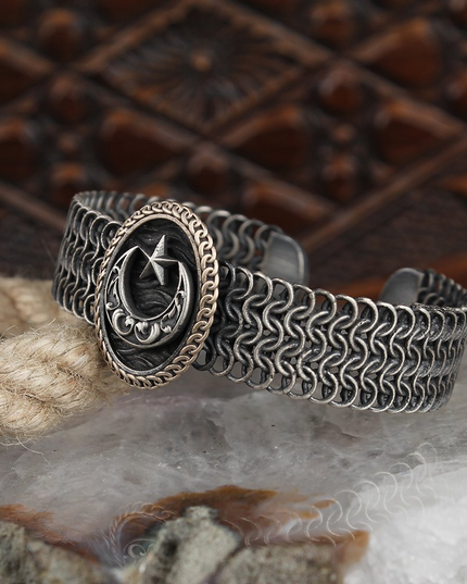 Free Size Mond Stern Ay Yildiz Geflochtenes Armband 925 Silber