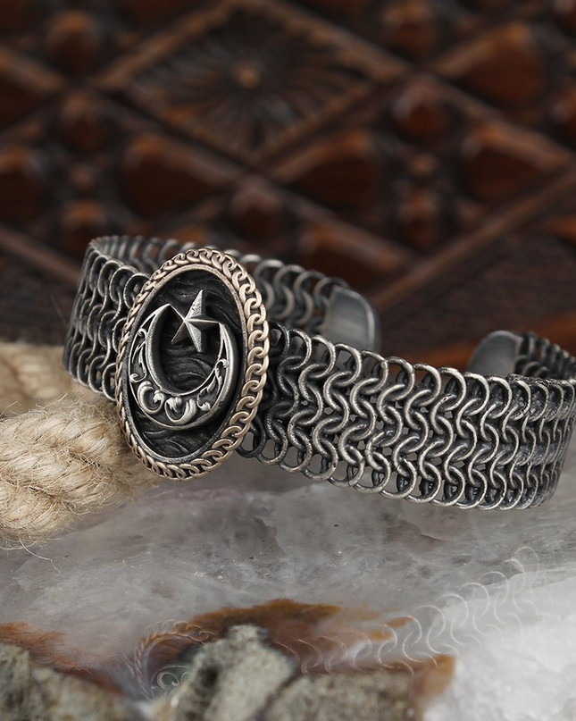 Free Size Mond Stern Ay Yildiz Geflochtenes Armband 925 Silber