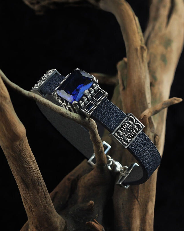 Aquamarin Leder Silber Armband