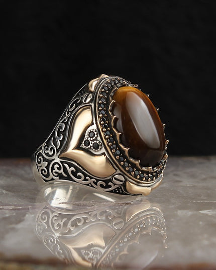 Herrenring aus 925er Sterlingsilber mit Tigeraugen-Stein