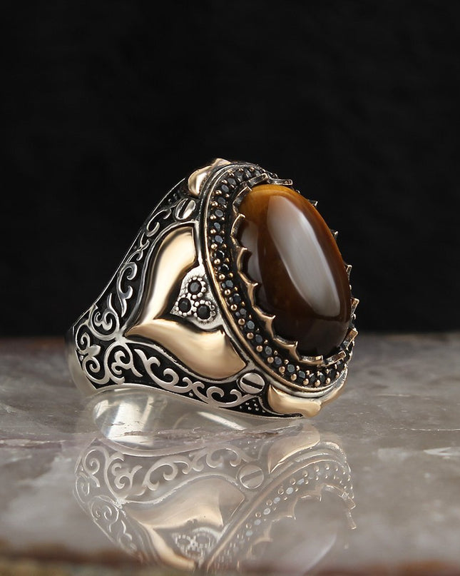 Herrenring aus 925er Sterlingsilber mit Tigeraugen-Stein