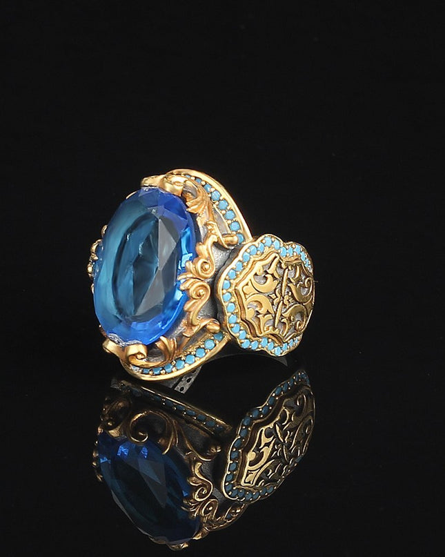Herren 925 Silber Ring Topaz Vergoldet