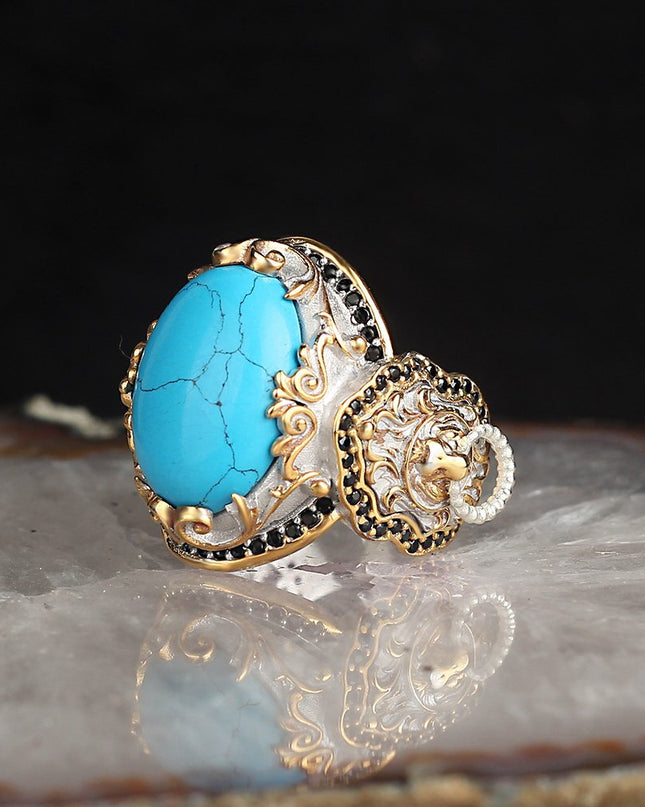 Herren 925 Silber Löwe Ring Türkis Vergoldet