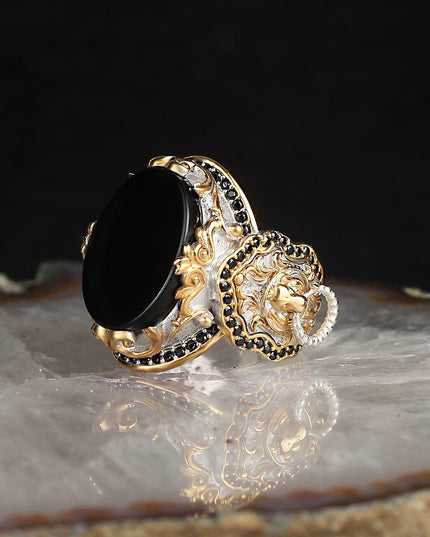 Herren 925 Silber Löwe Ring Onyx Vergoldet