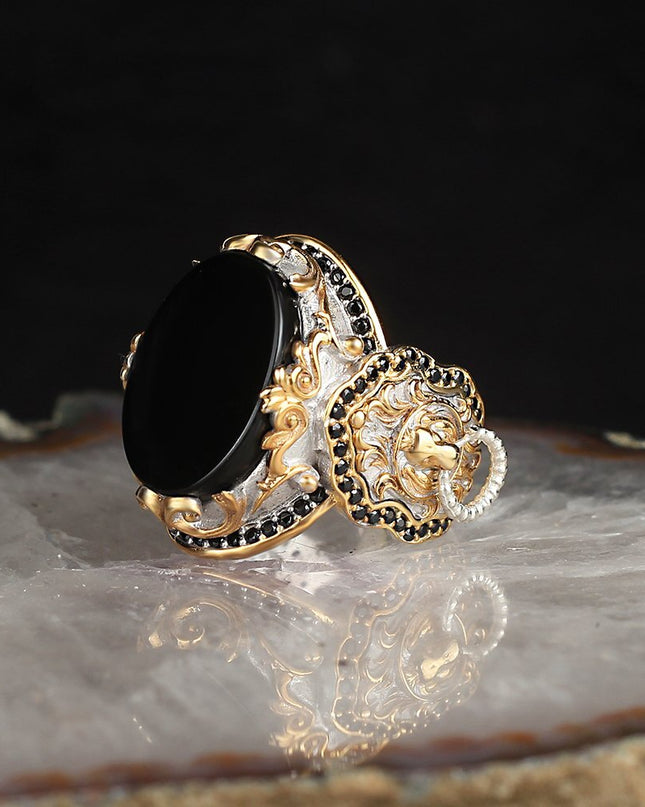 Herren 925 Silber Löwe Ring Onyx Vergoldet