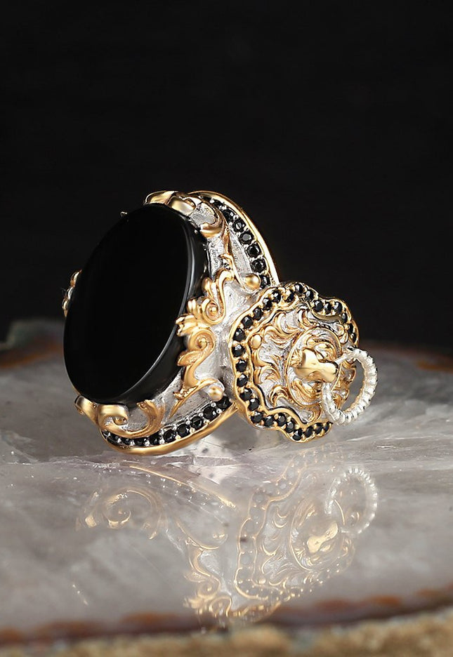 Herren 925 Silber Löwe Ring Onyx Vergoldet