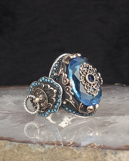 Aqua Marine Stein 925 Sterling Silber Ring mit Löwensymbol