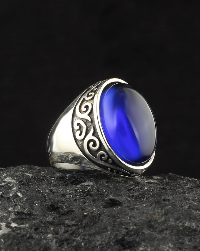 Herrenring aus 925er Sterlingsilber mit  blauem Tigeraugen-Stein