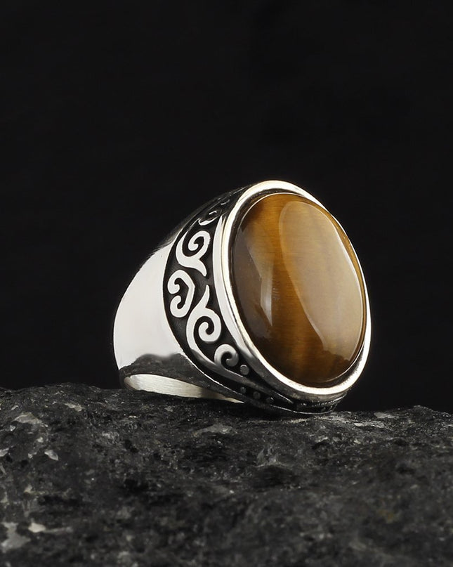 Herrenring aus 925er Sterlingsilber mit Tigeraugen-Stein