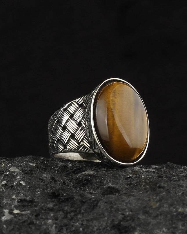 Herrenring aus 925er Sterlingsilber mit Tigeraugen-Stein