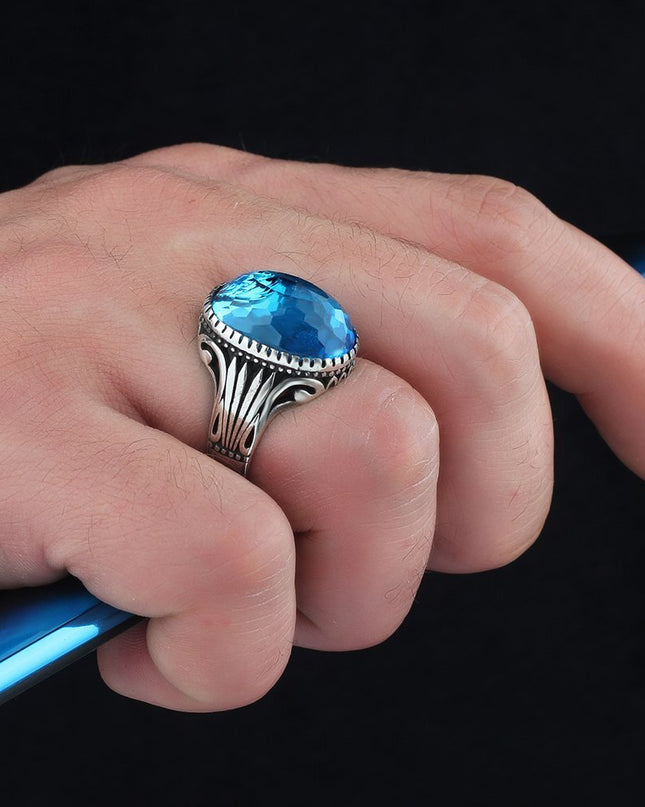 Aqua Aura Stein Herrenring 925 Sterling Silber