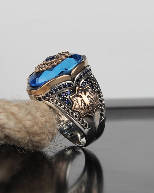 Herrenring aus 925er Sterlingsilber mit Aqua-Stein