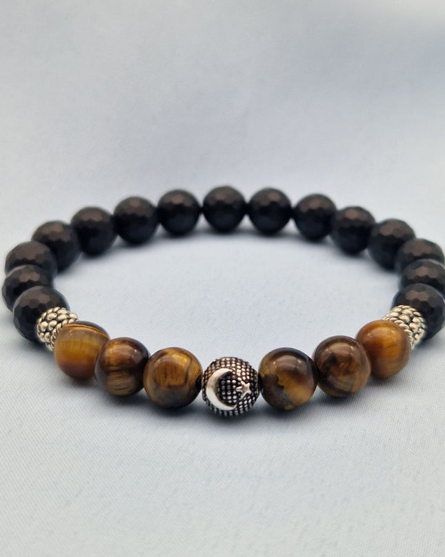 Silbernes Stern- und Halbmond-Natursteinarmband, Perlenarmband