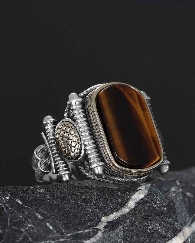 Herrenring aus 925er Sterlingsilber mit Tigeraugen-Stein