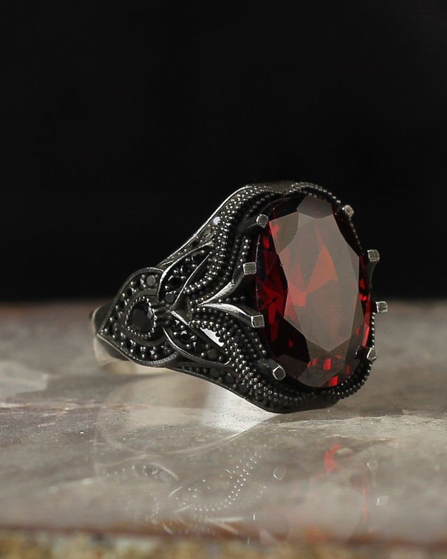 Herren Ring 925 Silber Zirkon Rot