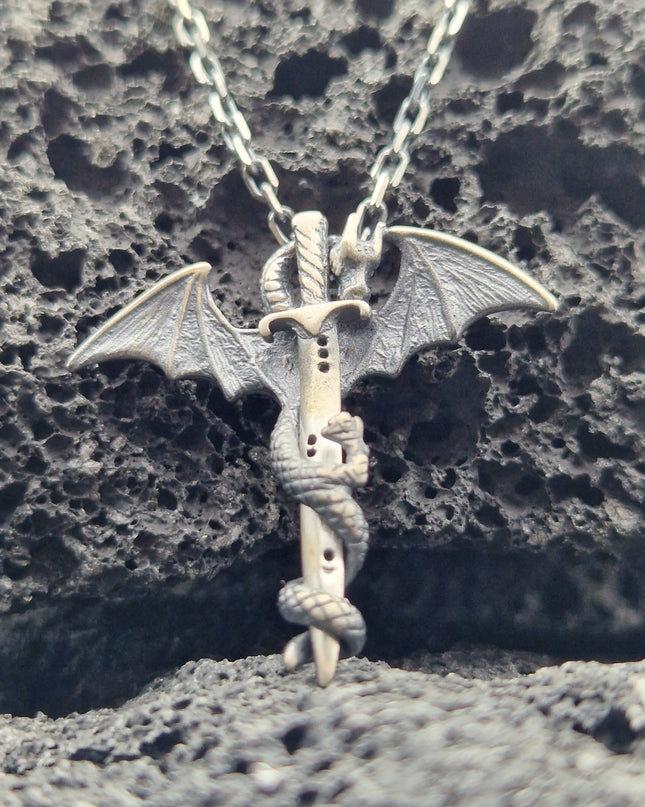 925er Silber Drachen Halskette mit Schwert