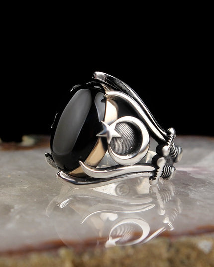 925 Silber Herrenring ayyildiz Onyx Türkische Flagge
