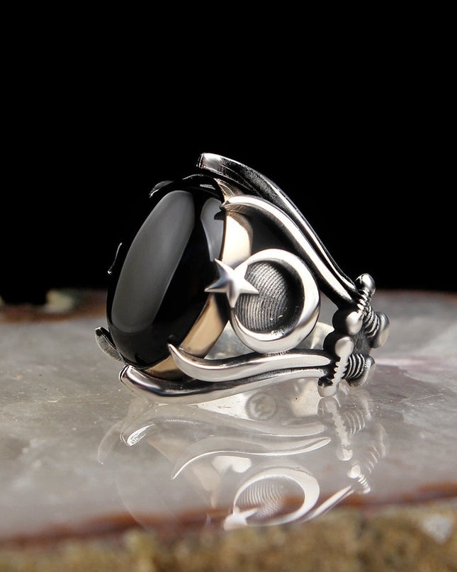 925 Silber Herrenring ayyildiz Onyx Türkische Flagge
