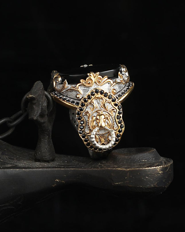 Herren 925 Silber Löwe Ring Onyx Vergoldet