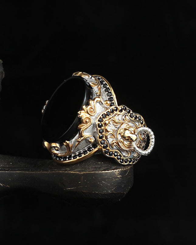 Herren 925 Silber Löwe Ring Onyx Vergoldet