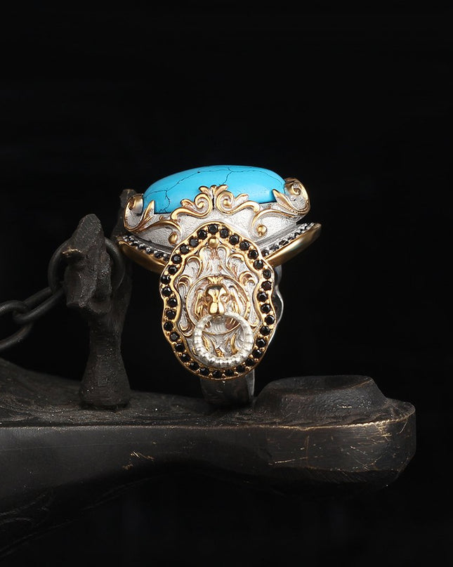 Herren 925 Silber Löwe Ring Türkis Vergoldet