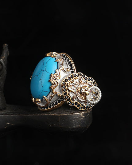 Herren 925 Silber Löwe Ring Türkis Vergoldet