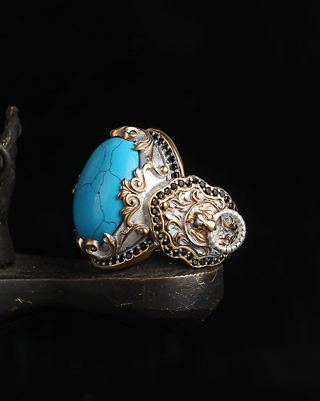 Herren 925 Silber Löwe Ring Türkis Vergoldet