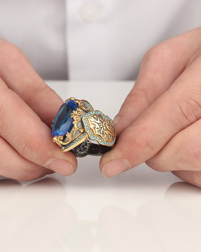 Herren 925 Silber Ring Topaz Vergoldet