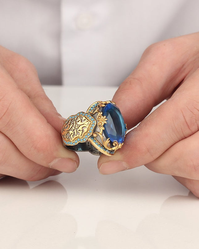 Herren 925 Silber Ring Topaz Vergoldet