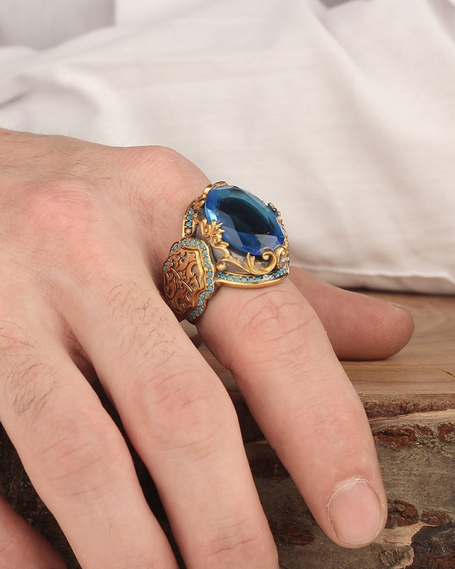 Herren 925 Silber Ring Topaz Vergoldet