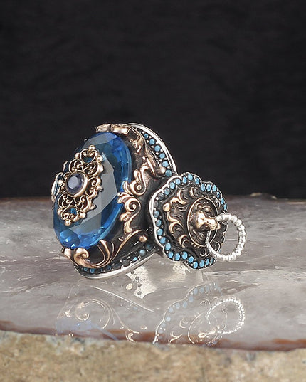 Aqua Marine Stein 925 Sterling Silber Ring mit Löwensymbol