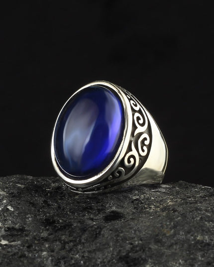 Herrenring aus 925er Sterlingsilber mit  blauem Tigeraugen-Stein