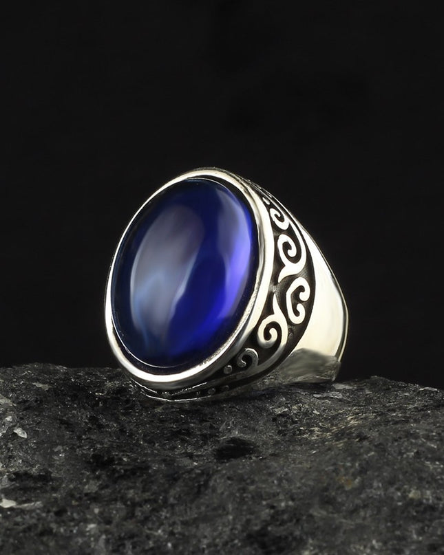 Herrenring aus 925er Sterlingsilber mit  blauem Tigeraugen-Stein
