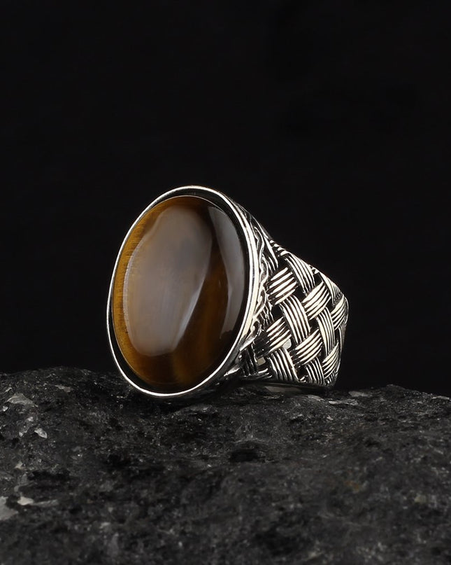 Herrenring aus 925er Sterlingsilber mit Tigeraugen-Stein
