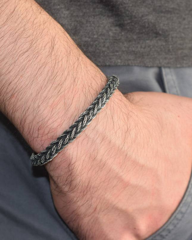 Unisex Geflochtenes Armband 925er Silber Fuchs Quadrat Schwarz