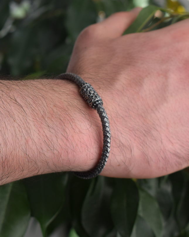 Löwe Geflochtenes Armband 925 Silber Schwarz