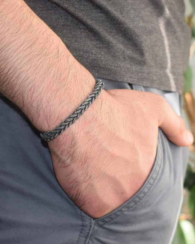 Unisex Geflochtenes Armband 925er Silber Fuchs Quadrat Schwarz