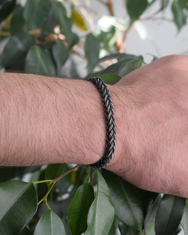 Unisex Geflochtenes Armband 925er Silber Fuchs Quadrat Schwarz