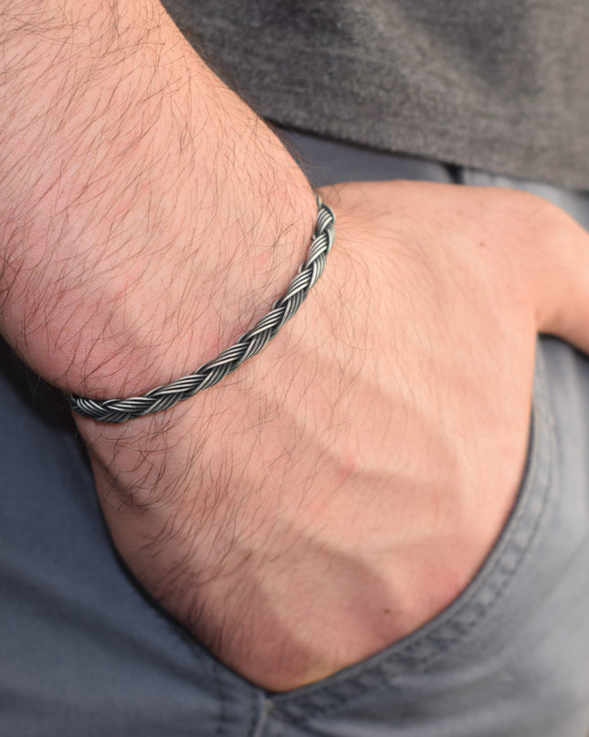 Unisex Geflochtenes Armband 925er Silber Regen Schwarz
